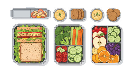 A collection of healthy meal lunchboxes featuring various fresh fruits, colorful vegetables, and tasty sandwiches, rendered in a clean 2D flat vector illustration style on a pure white background.