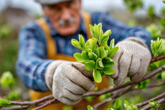 Senior man caring for new spring tree growth - Powered by Adobe