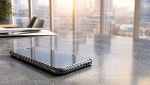 A sleek smartphone rests on a reflective modern office table, bathed in sunlight with a blurred cityscape and workspace in the background. - Powered by Adobe