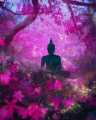 Serene Buddha Silhouette Amidst Vibrant Floral Whispering Light