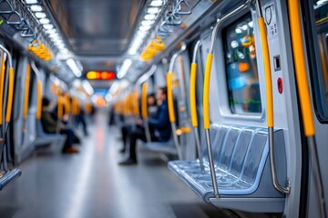 Obraz premium Subway train interior with empty seats and blurred passengers