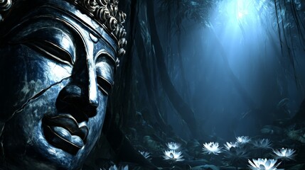 Serene Buddha Statue Surrounded by Tranquil Lotus Flowers at Night