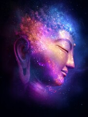 Cosmic Buddha Head with Colorful Galaxy and Ethereal Background