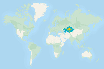 Kazakhstan Highlighted on World Map with National Flag. Kazakhstan Map and Flag.