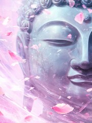 Serene Buddha Sculpture Surrounded by Petals and Soft Light