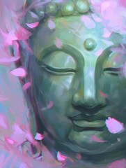 Serene Buddha Face Surrounded by Delicate Falling Petals