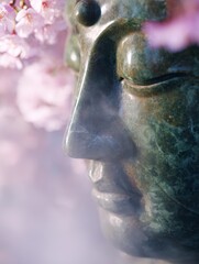 Serene Buddha Face Surrounded by Delicate Pink Cherry Blossoms