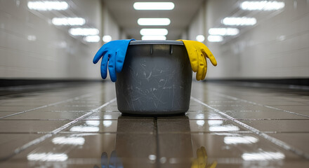Rubber gloves resting on a cleaning bucket in a hallway