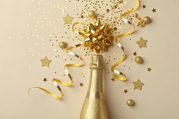 Sparkling golden celebration: champagne bottle, bows & stars for festive occasions