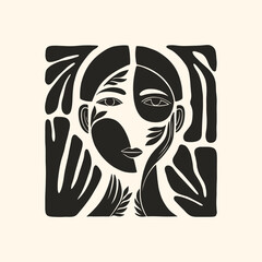 Black Garden – abstract botanical poster set with linocut-inspired human and floral motifs in symmetrical black and white compositions