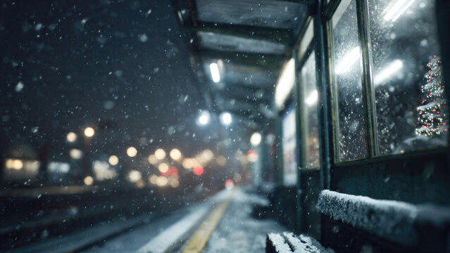 A tranquil, snowy night on a train platform. Falling flakes, soft lights, and a festive Christmas tree reflect winter's charm. - Powered by Adobe