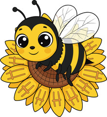 Cartoon bee on sunflower, cheerful insect, nature illustration, pollination theme, children education, vector art, colorful flower, learning content, fun design