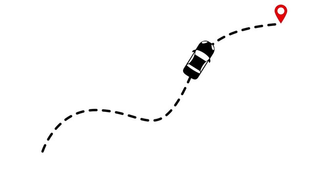 Car Following Wavy Path to Destination Map Pin