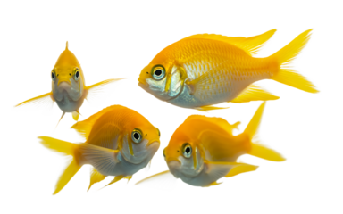 School of golden damsel fish swimming together in a dark aquarium