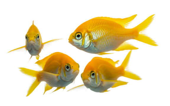 School of golden damsel fish swimming together in a dark aquarium