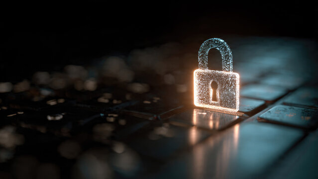 A luminous, digital padlock made of sparkling particles stands on a dark, technological surface, symbolizing cybersecurity and data protection.