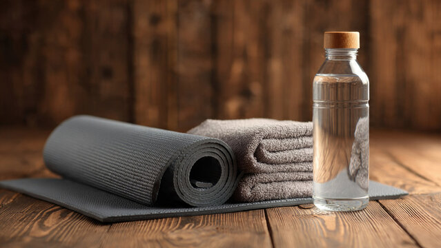 Yoga mat, stacked towels, and water bottle on a wooden table, ready for a mindful workout, promoting health and relaxation.