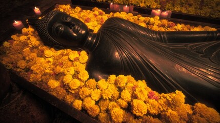 Serene Buddha Statue Surrounded by Yellow Flowers and Candles