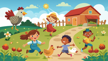 Obraz premium A group of children are playing in a field with a chicken and a house in the background. The children are running and laughing, enjoying their time outdoors
