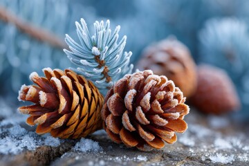 Pine cones and frost covered fir needles on wooden surface