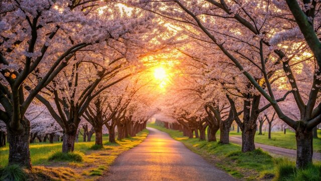Serene path under blooming cherry blossoms at sunset