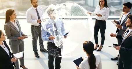 Diverse business team discussing global strategy with digital world projection - Powered by Adobe