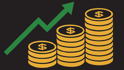 Financial Growth Rising Stacks of Coins with Upward Arrow Representing Profit Increase