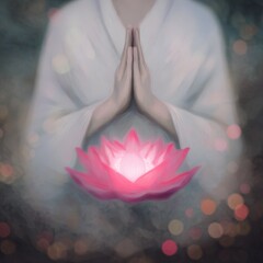 Hands in Prayer Pose Holding a Pink Lotus Flower with Soft Light