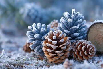 Frosted pine cones lying on cold snowy ground