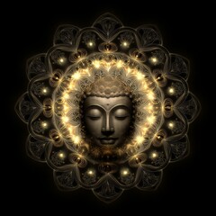 Serene Buddha Face Surrounded by Mystical Glow and Mandala Design