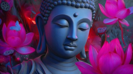 Serene Buddha Surrounded by Vibrant Lotus Flowers in Tranquil Setting