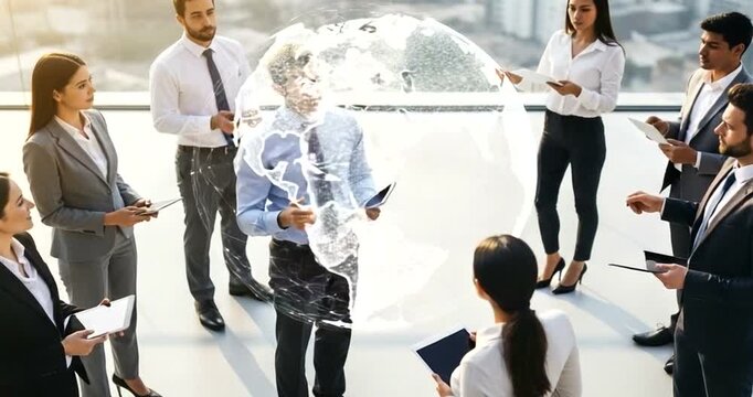 Diverse business team discussing global strategy with digital world projection - Powered by Adobe