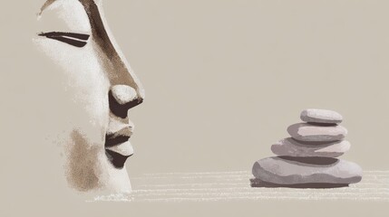 Serene Face of a Buddha with Stacked Stones and Minimalist Background