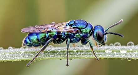A macro photo of a metallic, jewel-toned Cuckoo wasp (Emerald wasp) 2