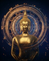 Golden Buddha Statue Surrounded by Luminous Circular Patterns