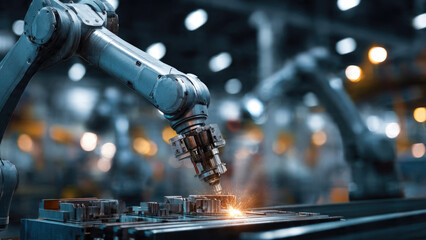 An advanced industrial robotic arm precisely welds or manufactures components, generating sparks in a modern factory setting, highlighting automation and future technology.