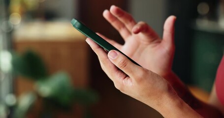 Hands, person and typing with phone at house for social media, browsing website and texting. Closeup, woman or mobile for communication, message contact and review notification of chat update in home - Powered by Adobe