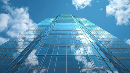 A striking modern glass skyscraper reflects a clear blue sky and white clouds, captured from a low-angle perspective, showcasing contemporary architecture.