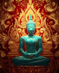Serene Buddha Statue Surrounded by Golden Intricate Design