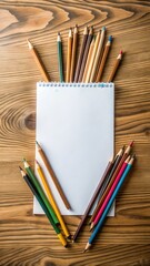 Obraz premium Wooden table with scattered pencils and blank paper