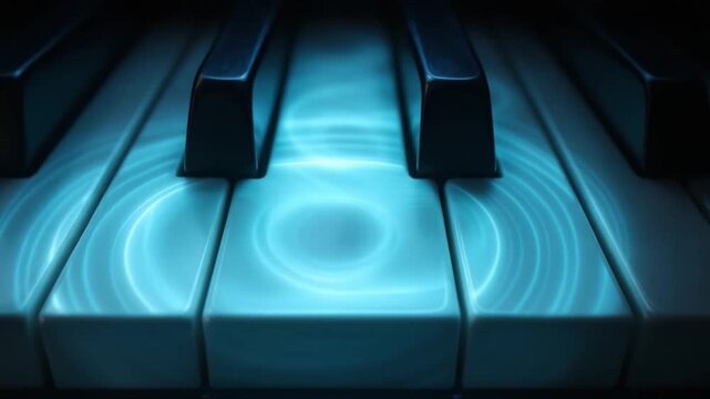 Piano keyboard close up with glowing blue light and ripple effect, artistic musical instrument keys featuring black keys, white keys, and abstract illuminated sound waves creating mystical harmonious