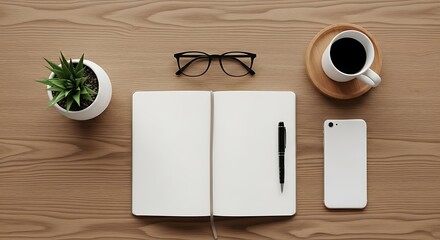 Minimal office desk with notebook, glasses, coffee mug, smartphone and pen, clean workspace arrangement, top-down view, productivity concept.