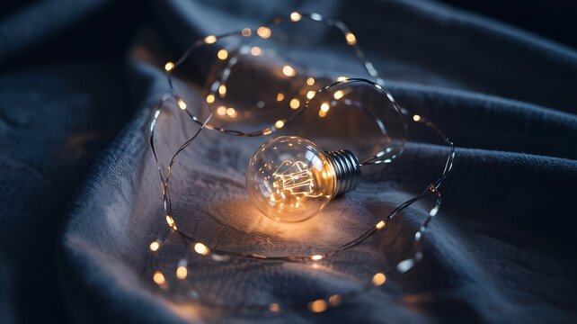Single decorative light bulb nestled in coiled fairy lights on a soft fabric