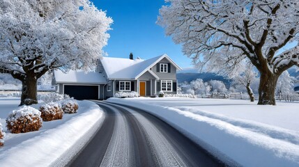 Suburban house during winter with snow covered trees