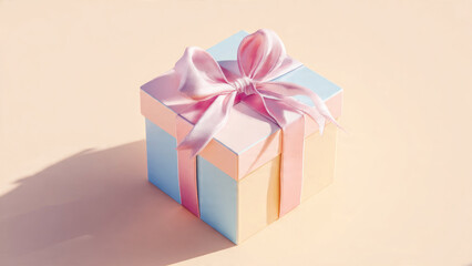 Obraz premium An elegant gift box in soft pastel shades of blue, pink, and cream, tied with a delicate pink satin bow.