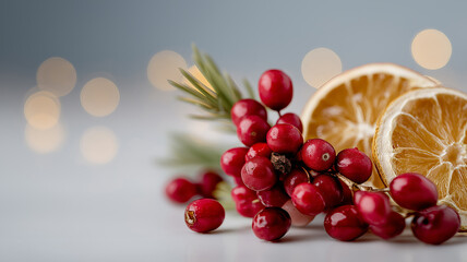 Minimalist Christmas Flat-Lay with Red Berries and Dried Oranges