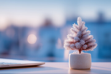 Minimalist White Office with Small Christmas Tree on Desk