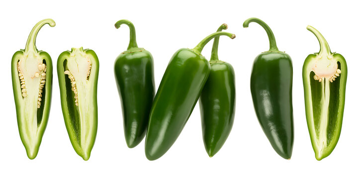 Fresh jalapeno peppers whole and halved on a black background