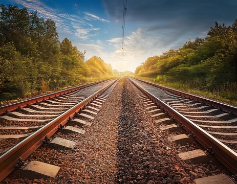 Following the Railroad Tracks Towards the Horizon: A Scenic View of the Railway Through Trees at Sunset