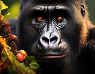 Intense Gaze: Portrait of a Majestic Gorilla with Expressive Eyes and Lush Greenery Surroundings in Tropical Habitat.